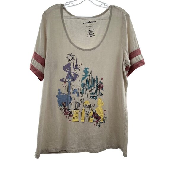 Destination Disney Women's Graphic Tee Cream/Multi Scoop Neck Size XL - Picture 1 of 8
